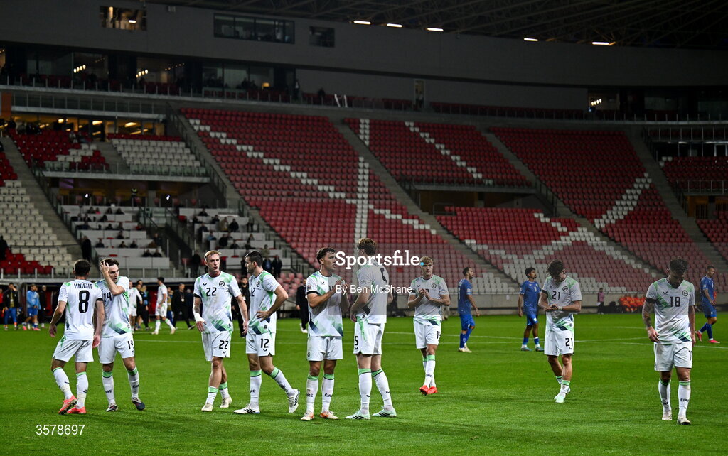 27 September 2026; Republic of Ireland players after the UEFA Nations League B match between Israel and the Republic of Ireland at Nagyerdei Stadion in Debrecen, Hungary. Photo by Ben McShane/Sportsfile
