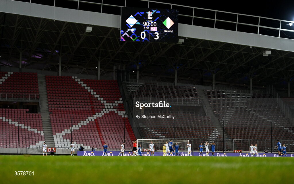 27 September 2026; A general view as the scoreboard reads Israel 0-3 Republic of Ireland, after 90 mins, during the UEFA Nations League B match between Israel and the Republic of Ireland at Nagyerdei Stadion in Debrecen, Hungary. Photo by Stephen McCarthy/Sportsfile