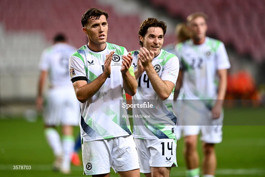 27 September 2026; Dara O'Shea, left, and Conor Coventry of Republic of Ireland after the UEFA Nations League B match between Israel and the Republic of Ireland at Nagyerdei Stadion in Debrecen, Hungary. Photo by Ben McShane/Sportsfile