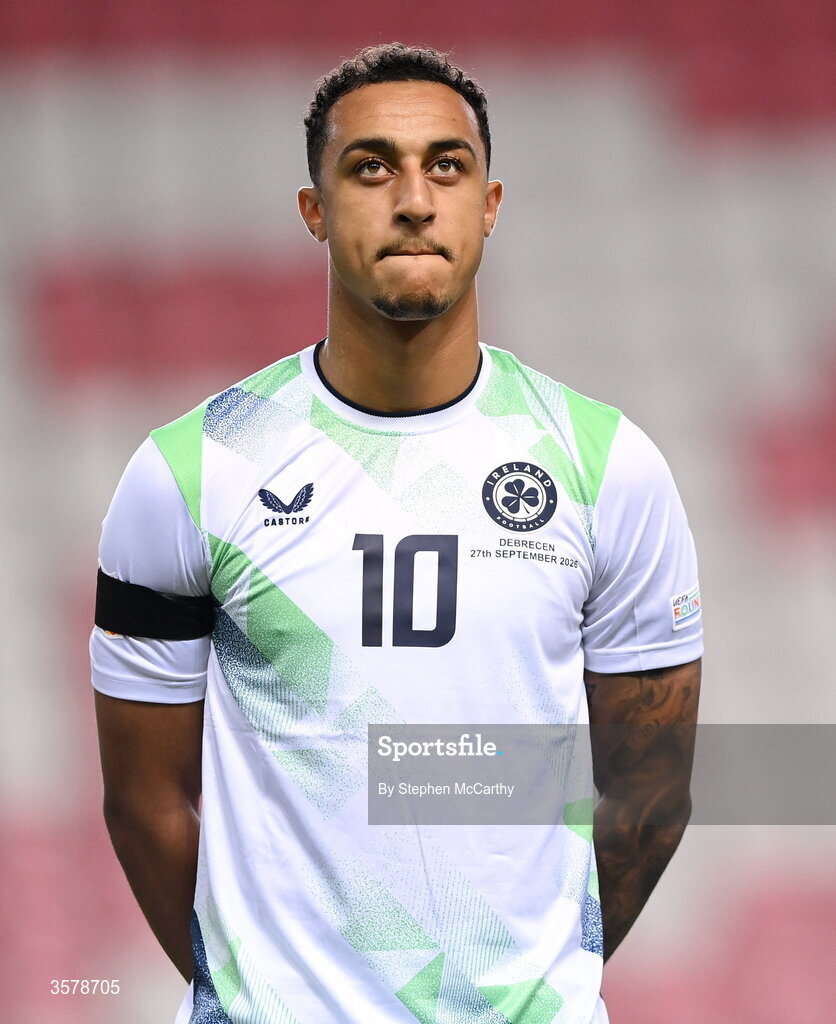 27 September 2026; Adam Idah of Republic of Ireland, wearing a black armband in recognition for all the lives lost in the conflict in Gaza, stands for the national anthem before the UEFA Nations League B match between Israel and the Republic of Ireland at Nagyerdei Stadion in Debrecen, Hungary. Photo by Stephen McCarthy/Sportsfile