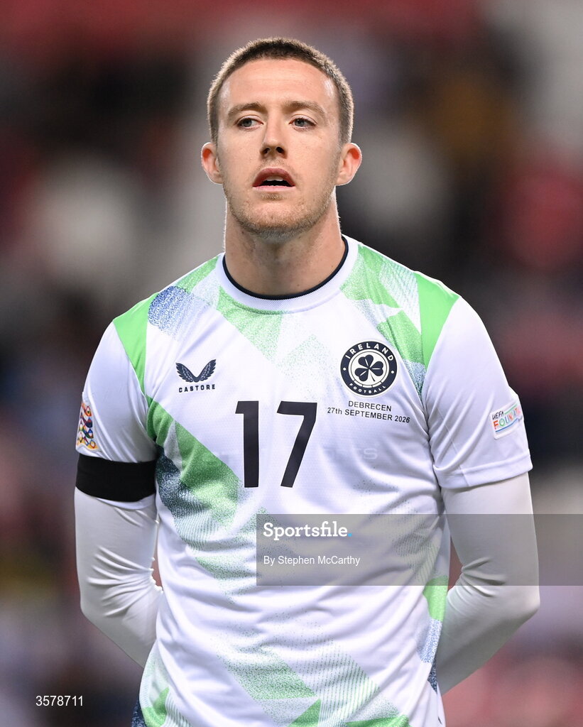 27 September 2026; Jack Moylan of Republic of Ireland, wearing a black armband in recognition for all the lives lost in the conflict in Gaza, stands for the national anthem before the UEFA Nations League B match between Israel and the Republic of Ireland at Nagyerdei Stadion in Debrecen, Hungary. Photo by Stephen McCarthy/Sportsfile