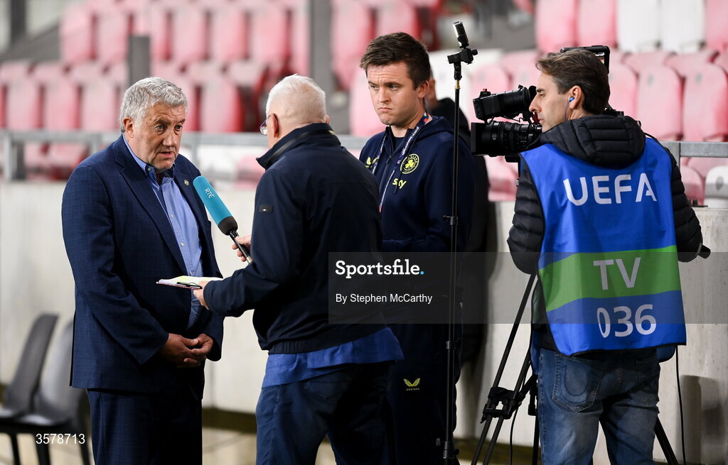 27 September 2026; FAI President Paul Cooke is interviewed by Tony O'Donoghue of RTÉ, in the company of Republic of Ireland communications manager Kieran Crowley, after the UEFA Nations League B match between Israel and the Republic of Ireland at Nagyerdei Stadion in Debrecen, Hungary. Photo by Stephen McCarthy/Sportsfile