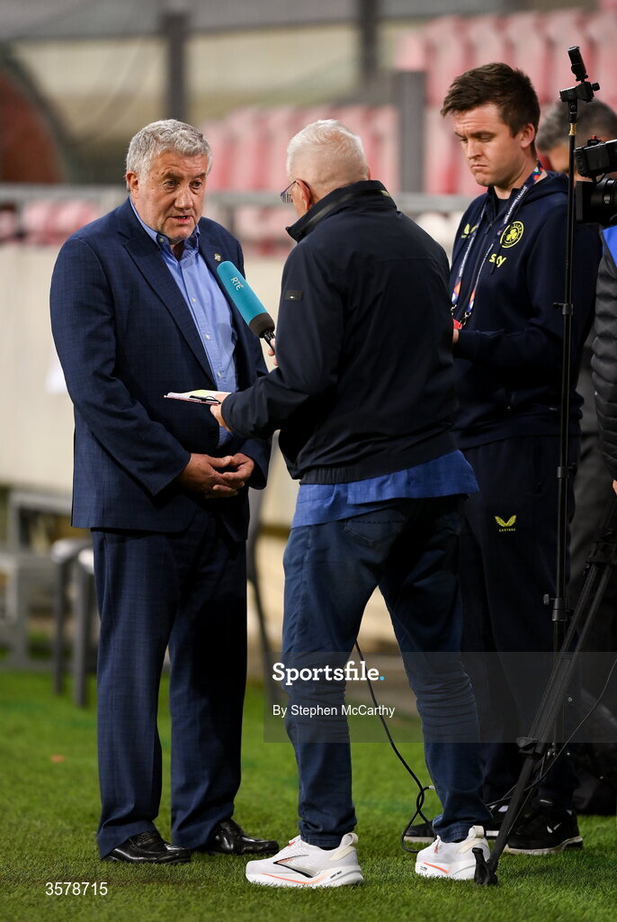 27 September 2026; FAI President Paul Cooke is interviewed by Tony O'Donoghue of RTÉ, in the company of Republic of Ireland communications manager Kieran Crowley, after the UEFA Nations League B match between Israel and the Republic of Ireland at Nagyerdei Stadion in Debrecen, Hungary. Photo by Stephen McCarthy/Sportsfile