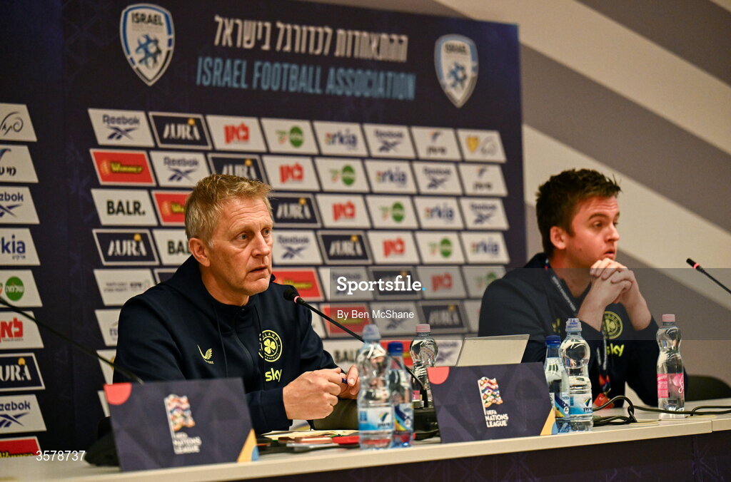 27 September 2026; Republic of Ireland head coach Heimir Hallgrimsson and Republic of Ireland communications manager Kieran Crowley, right, during a media conference after the UEFA Nations League B match between Israel and the Republic of Ireland at Nagyerdei Stadion in Debrecen, Hungary. Photo by Ben McShane/Sportsfile