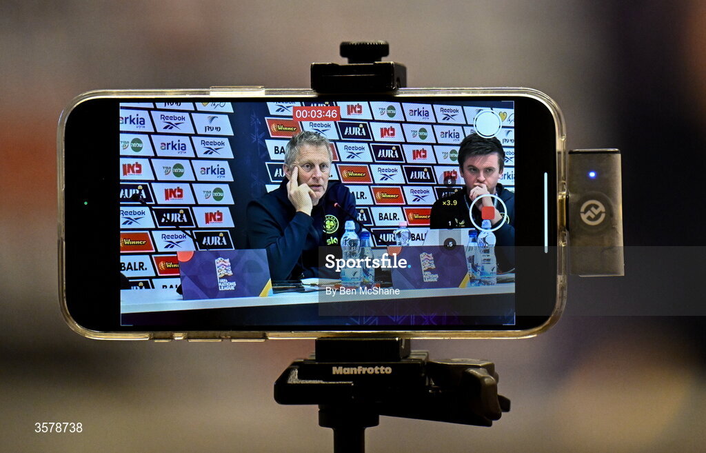 27 September 2026; Republic of Ireland head coach Heimir Hallgrimsson is recorded on a smartphone during a media conference after the UEFA Nations League B match between Israel and the Republic of Ireland at Nagyerdei Stadion in Debrecen, Hungary. Photo by Ben McShane/Sportsfile