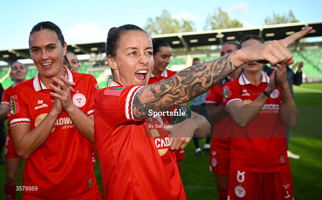 27 September 2026; Pearl Slattery of Shelbourne celebrates after the 2026 Club Orange Women's FAI Cup final between Athlone Town and Shelbourne at Tallaght Stadium in Dublin. Photo by Seb Daly/Sportsfile