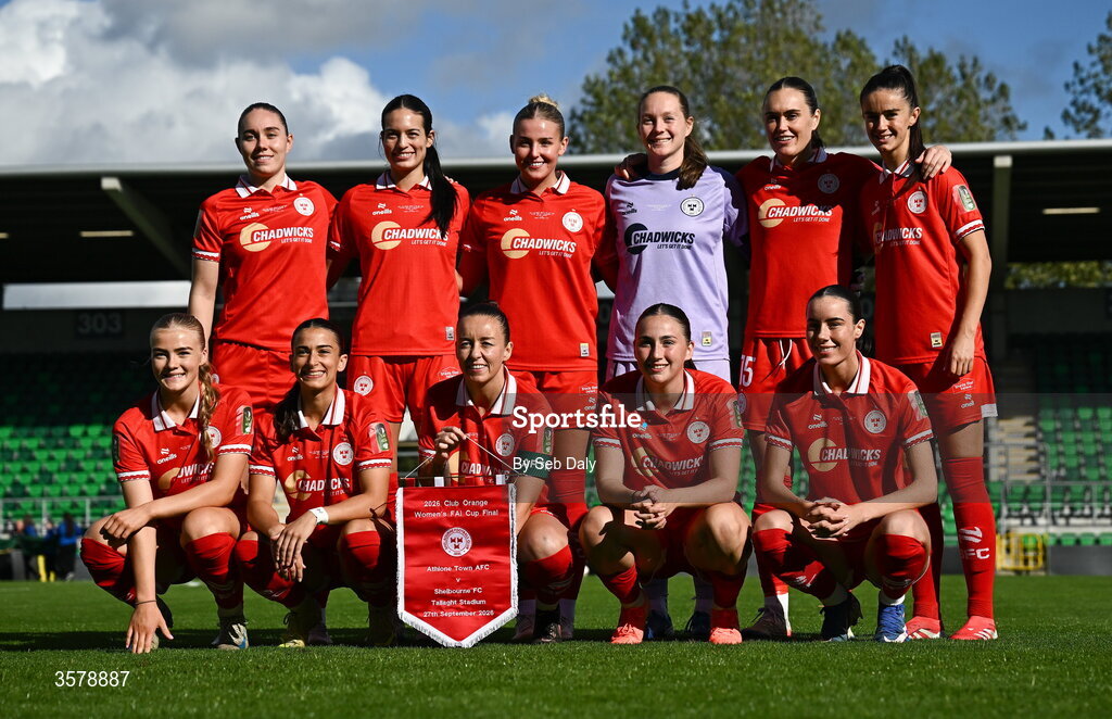 27 September 2026; The Shelbourne team before the 2026 Club Orange Women's FAI Cup final between Athlone Town and Shelbourne at Tallaght Stadium in Dublin. Photo by Seb Daly/Sportsfile
