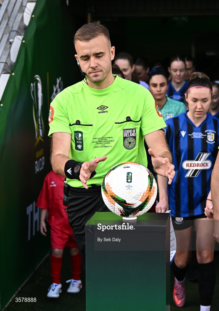 27 September 2026; Referee Mark Patchell before the 2026 Club Orange Women's FAI Cup final between Athlone Town and Shelbourne at Tallaght Stadium in Dublin. Photo by Seb Daly/Sportsfile