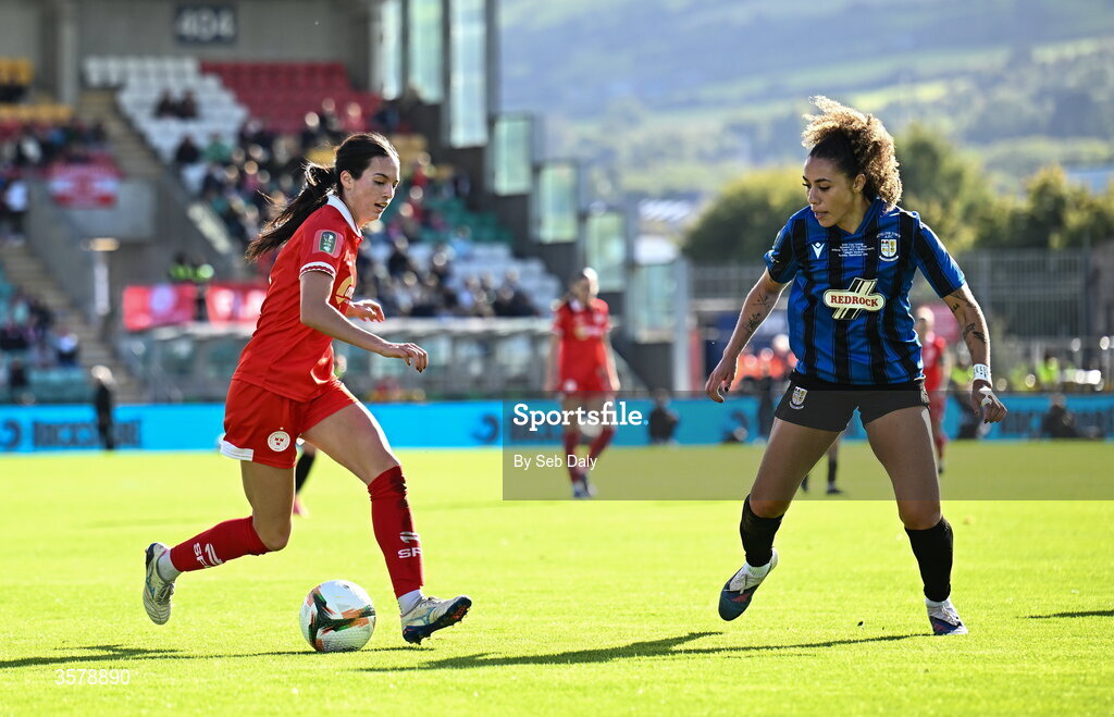27 September 2026; Isabella Flocchini of Shelbourne in action against Kelis Barton of Athlone Town during the 2026 Club Orange Women's FAI Cup final between Athlone Town and Shelbourne at Tallaght Stadium in Dublin. Photo by Seb Daly/Sportsfile