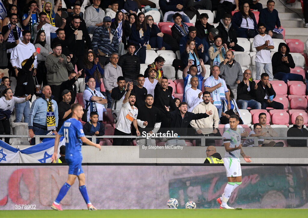 27 September 2026; Israel supporters react toward Adam Idah of Republic of Ireland during the UEFA Nations League B match between Israel and the Republic of Ireland at Nagyerdei Stadion in Debrecen, Hungary. Photo by Stephen McCarthy/Sportsfile
