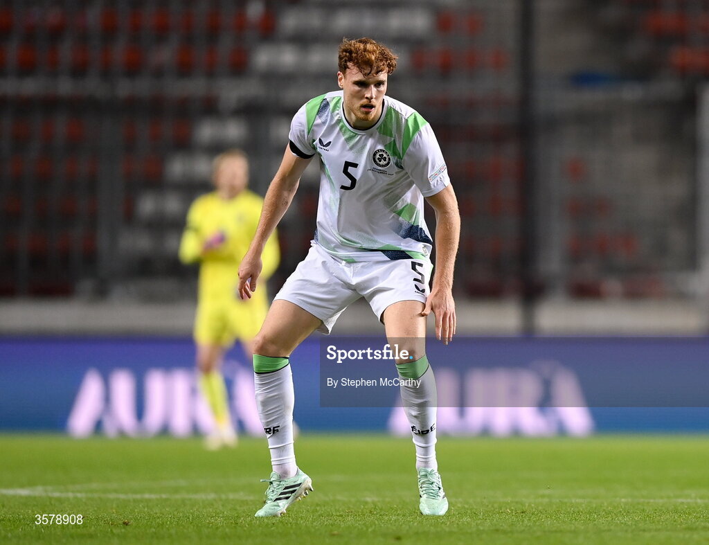 27 September 2026; Jake O'Brien of Republic of Ireland during the UEFA Nations League B match between Israel and the Republic of Ireland at Nagyerdei Stadion in Debrecen, Hungary. Photo by Stephen McCarthy/Sportsfile