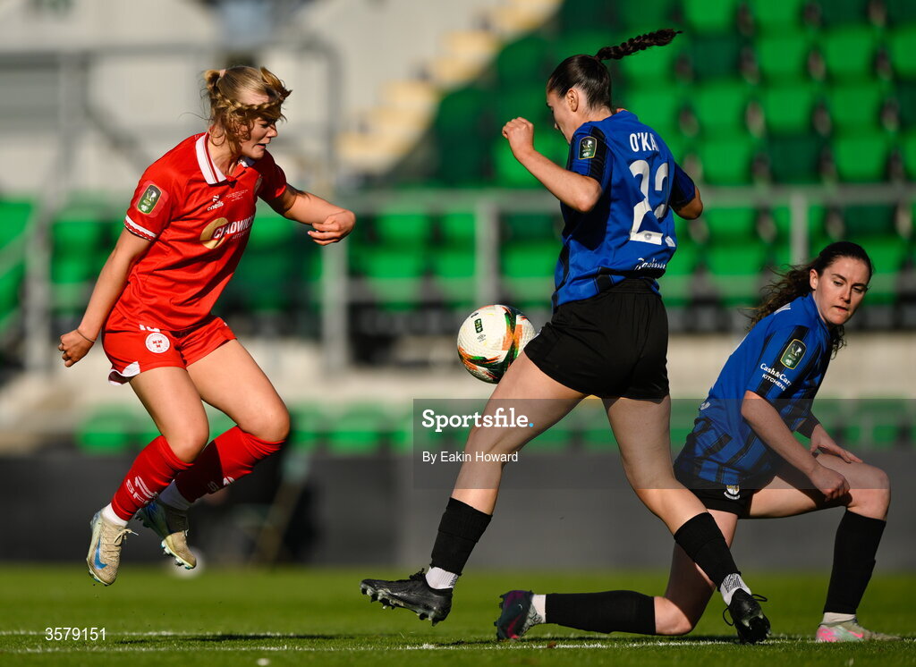 27 September 2026; Maeve Wollmer of Shelbourne in action against Melissa O'Kane of Athlone Town and Kellie Brennan during the 2026 Club Orange Women's FAI Cup final between Athlone Town and Shelbourne at Tallaght Stadium in Dublin. Photo by Eakin Howard/Sportsfile