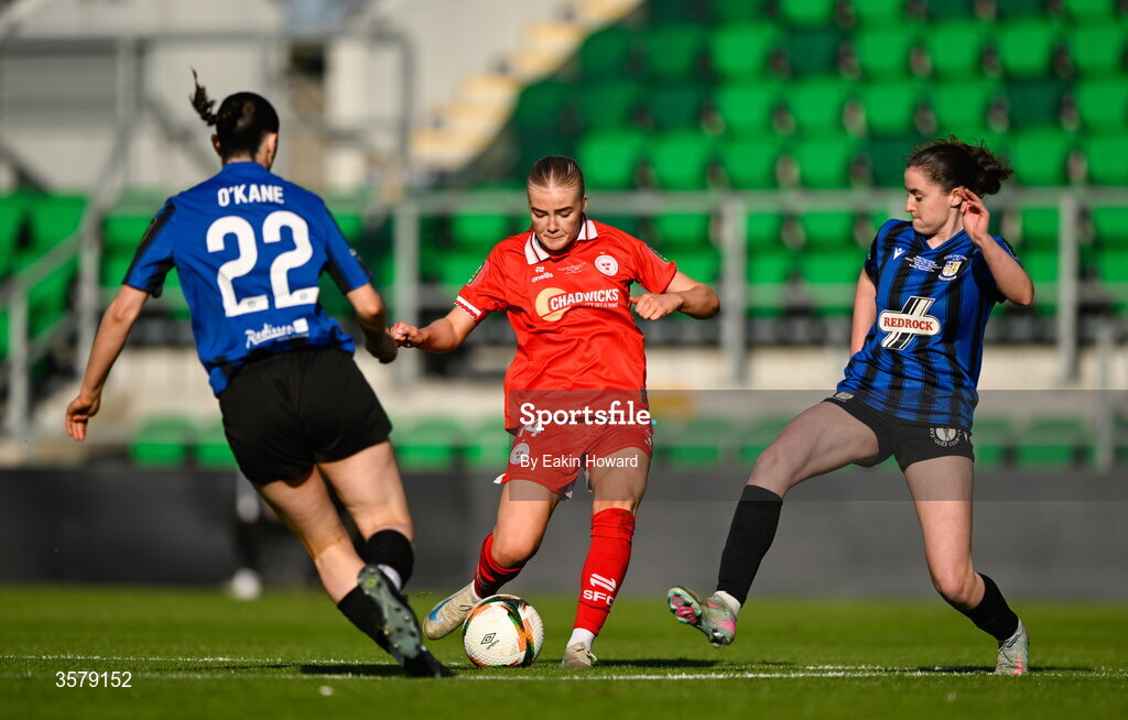 27 September 2026; Maeve Wollmer of Shelbourne in action against Melissa O'Kane of Athlone Town and Kellie Brennan during the 2026 Club Orange Women's FAI Cup final between Athlone Town and Shelbourne at Tallaght Stadium in Dublin. Photo by Eakin Howard/Sportsfile