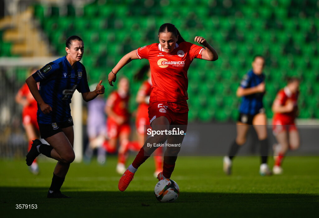 27 September 2026; Halle Harcourt of Shelbourne in action against Melissa O'Kane of Athlone Town during the 2026 Club Orange Women's FAI Cup final between Athlone Town and Shelbourne at Tallaght Stadium in Dublin. Photo by Eakin Howard/Sportsfile