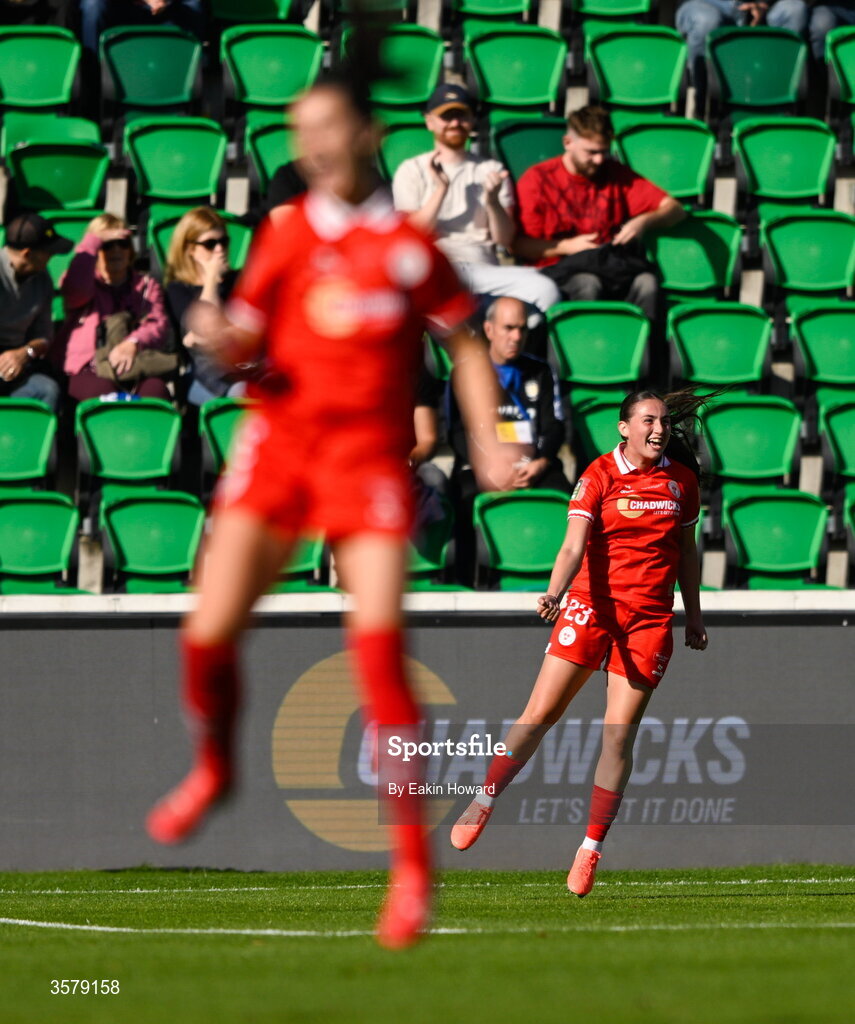 27 September 2026; Halle Harcourt of Shelbourne celebrates after scoring her side's first goal during the 2026 Club Orange Women's FAI Cup final between Athlone Town and Shelbourne at Tallaght Stadium in Dublin. Photo by Eakin Howard/Sportsfile