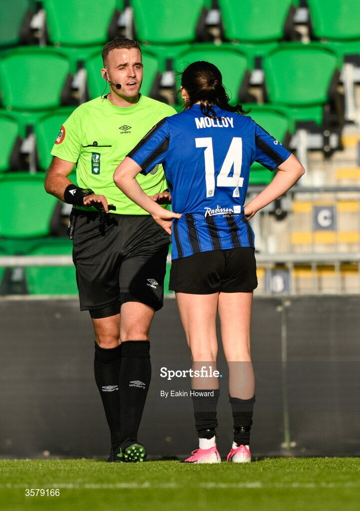 27 September 2026; Referee Mark Patchhell talks with Roisin Molloy of Athlone Town during the 2026 Club Orange Women's FAI Cup final between Athlone Town and Shelbourne at Tallaght Stadium in Dublin. Photo by Eakin Howard/Sportsfile
