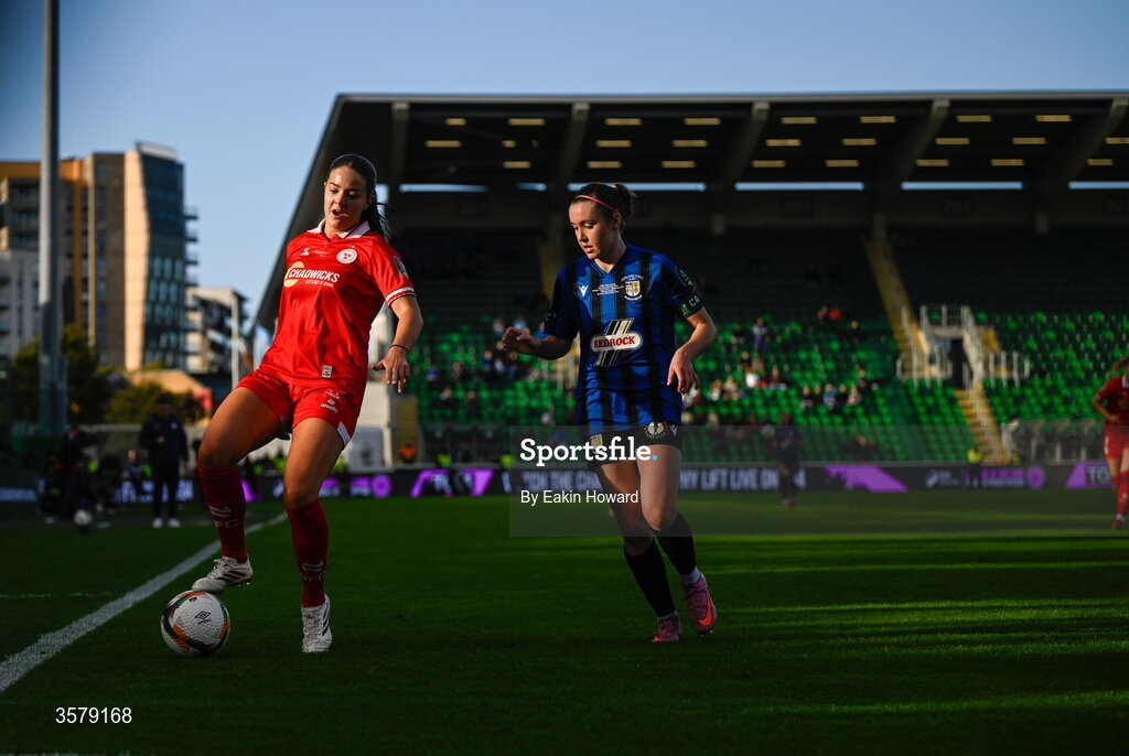 27 September 2026; Becky Watkins of Shelbourne in action against Hannah Waesch of Athlone Townduring the 2026 Club Orange Women's FAI Cup final between Athlone Town and Shelbourne at Tallaght Stadium in Dublin. Photo by Eakin Howard/Sportsfile