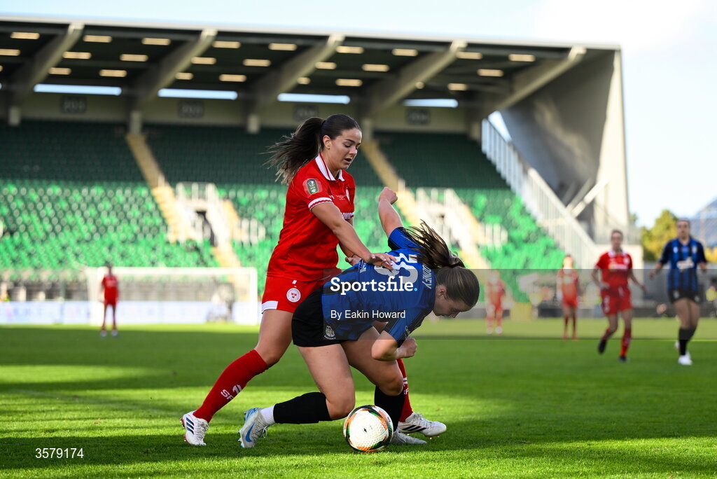 27 September 2026; Becky Watkins of Shelbourne in action against Emma Mooney of Athlone Town during the 2026 Club Orange Women's FAI Cup final between Athlone Town and Shelbourne at Tallaght Stadium in Dublin. Photo by Eakin Howard/Sportsfile