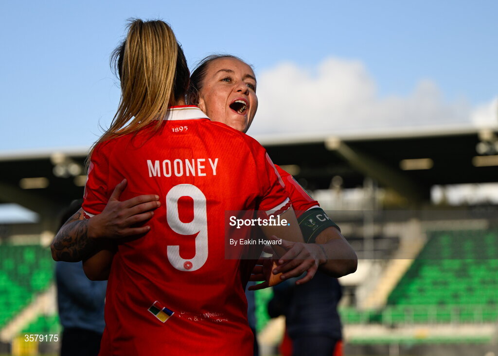 27 September 2026; Pearl Slattery of Shelbourne and Kate Mooney celebrate after winning the 2026 Club Orange Women's FAI Cup final between Athlone Town and Shelbourne at Tallaght Stadium in Dublin. Photo by Eakin Howard/Sportsfile