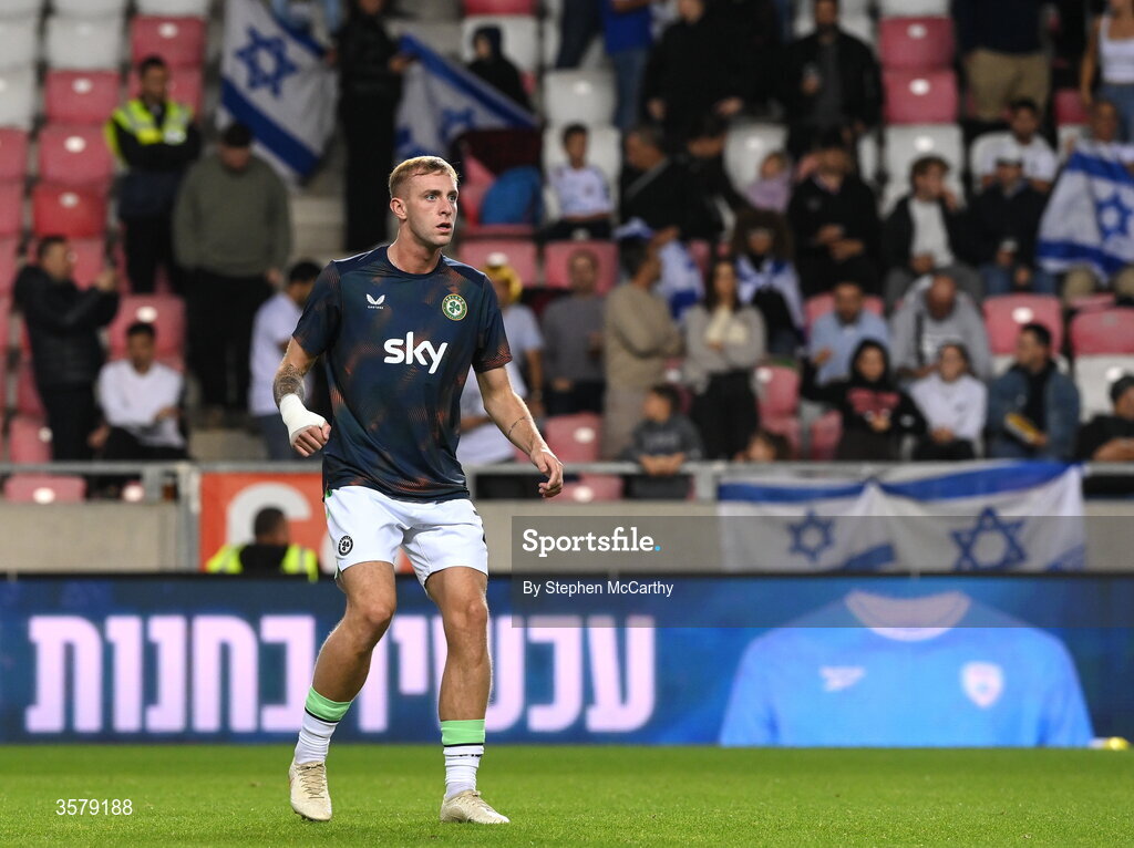 27 September 2026; Killian Phillips of Republic of Ireland warms up before the UEFA Nations League B match between Israel and the Republic of Ireland at Nagyerdei Stadion in Debrecen, Hungary. Photo by Stephen McCarthy/Sportsfile