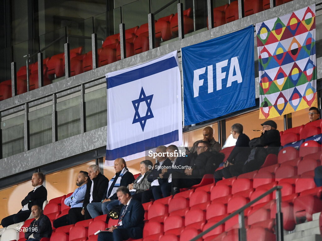 27 September 2026; Flags, from left, Israel, FIFA and UEFA Nations League during the UEFA Nations League B match between Israel and the Republic of Ireland at Nagyerdei Stadion in Debrecen, Hungary. Photo by Stephen McCarthy/Sportsfile