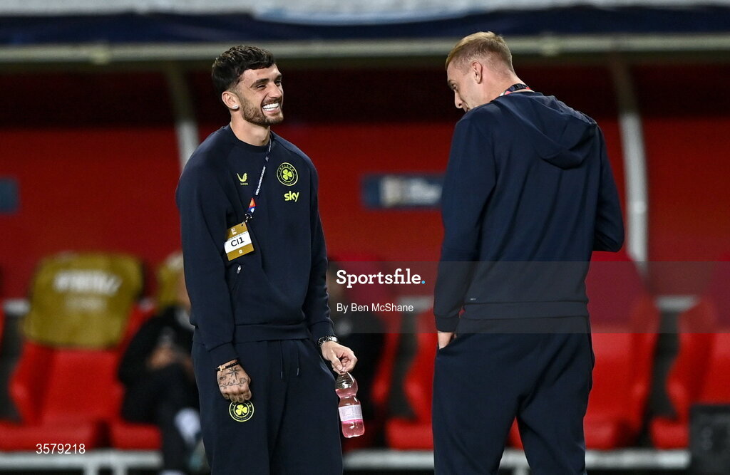 27 September 2026; Troy Parrott, left, and Killian Phillips of Republic of Ireland before the UEFA Nations League B match between Israel and the Republic of Ireland at Nagyerdei Stadion in Debrecen, Hungary. Photo by Ben McShane/Sportsfile