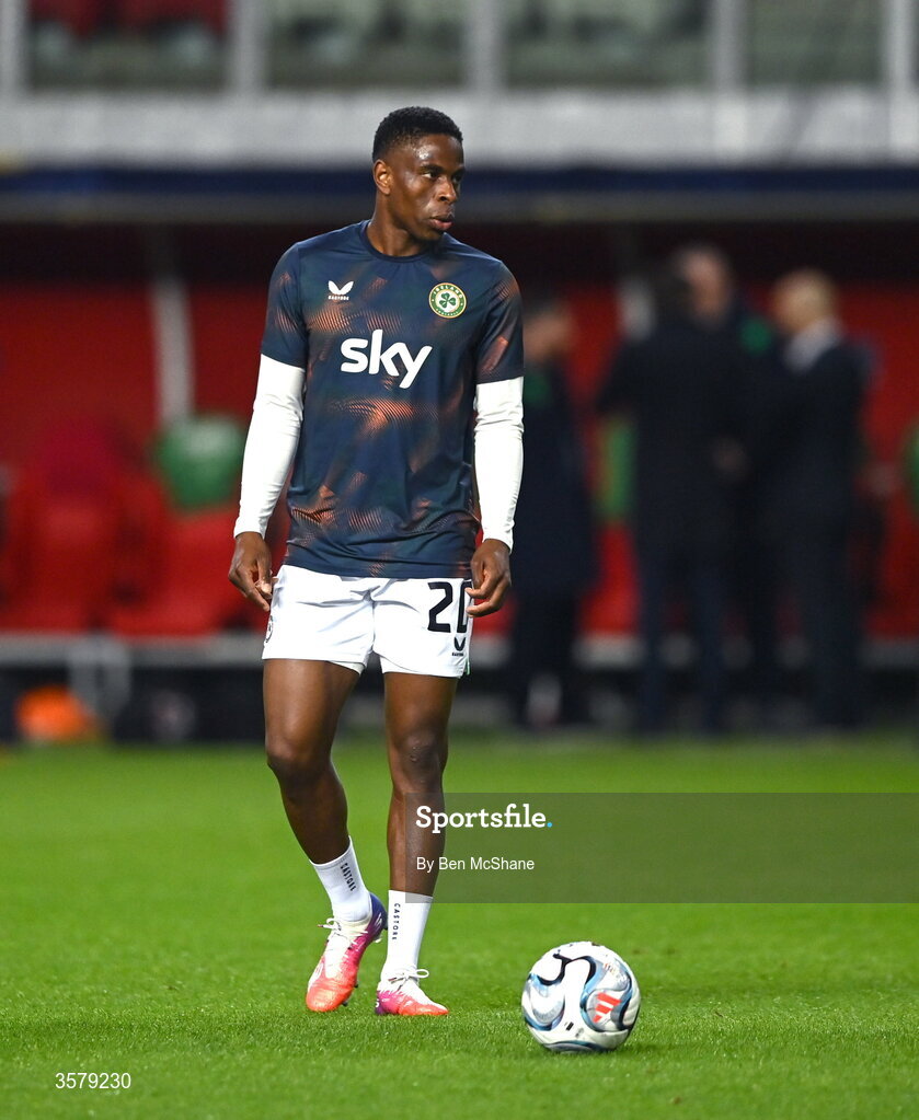 27 September 2026; Chiedozie Ogbene of Republic of Ireland before the UEFA Nations League B match between Israel and the Republic of Ireland at Nagyerdei Stadion in Debrecen, Hungary. Photo by Ben McShane/Sportsfile