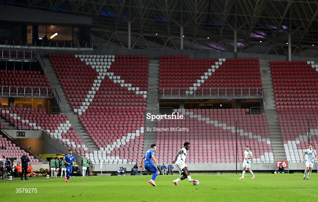 27 September 2026; James Abankwah of Republic of Ireland and Oscar Gloukh of Israel during the UEFA Nations League B match between Israel and the Republic of Ireland at Nagyerdei Stadion in Debrecen, Hungary. Photo by Stephen McCarthy/Sportsfile