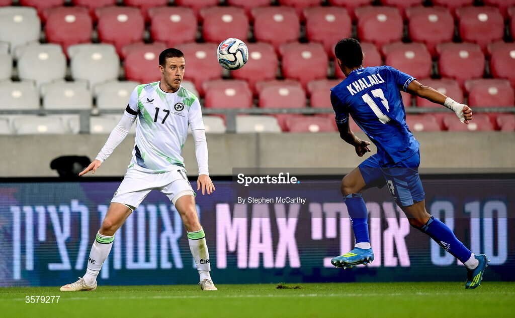 27 September 2026; Jack Moylan of Republic of Ireland in action against Anan Khalaili of Israel during the UEFA Nations League B match between Israel and the Republic of Ireland at Nagyerdei Stadion in Debrecen, Hungary. Photo by Stephen McCarthy/Sportsfile