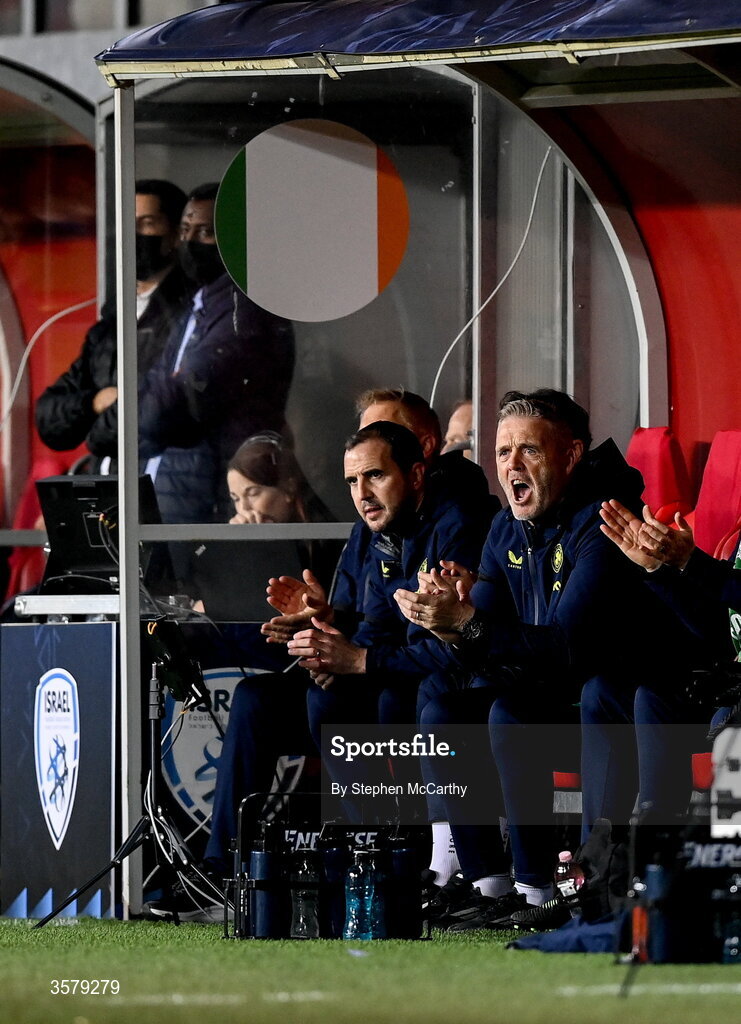 27 September 2026; Republic of Ireland goalkeeping coach Gudmundur Hreidarsson and assistant head coach John O'Shea, left, during the UEFA Nations League B match between Israel and the Republic of Ireland at Nagyerdei Stadion in Debrecen, Hungary. Photo by Stephen McCarthy/Sportsfile