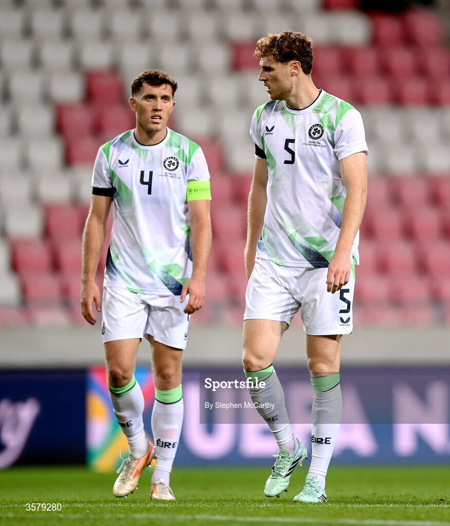 27 September 2026; Jake O'Brien, right, and Dara O'Shea of Republic of Ireland during the UEFA Nations League B match between Israel and the Republic of Ireland at Nagyerdei Stadion in Debrecen, Hungary. Photo by Stephen McCarthy/Sportsfile