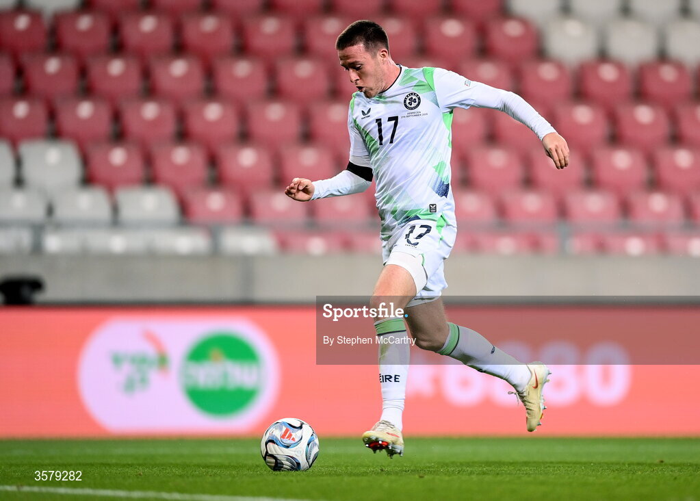 27 September 2026; Jack Moylan of Republic of Ireland on his way to scoring his side's third goal during the UEFA Nations League B match between Israel and the Republic of Ireland at Nagyerdei Stadion in Debrecen, Hungary. Photo by Stephen McCarthy/Sportsfile