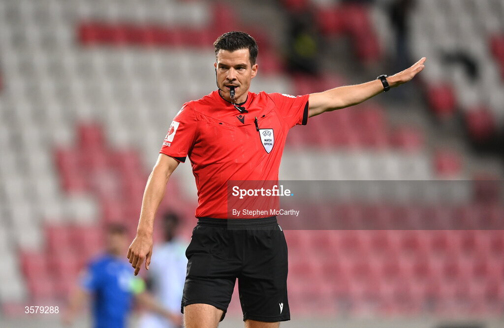 27 September 2026; Referee Harm Osmers during the UEFA Nations League B match between Israel and the Republic of Ireland at Nagyerdei Stadion in Debrecen, Hungary. Photo by Stephen McCarthy/Sportsfile
