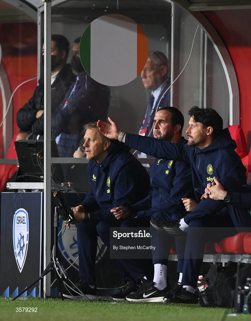 27 September 2026; Republic of Ireland coaches, from right, assistant coach Paddy McCarthy, assistant head coach John O'Shea and head coach Heimir Hallgrimsson during the UEFA Nations League B match between Israel and the Republic of Ireland at Nagyerdei Stadion in Debrecen, Hungary. Photo by Stephen McCarthy/Sportsfile