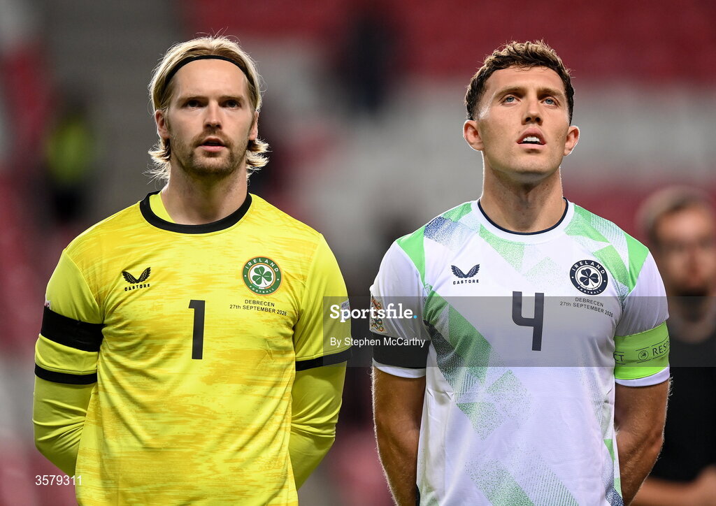 27 September 2026; Republic of Ireland captain Dara O'Shea, right, and goalkeeper Caoimhín Kelleher before the UEFA Nations League B match between Israel and the Republic of Ireland at Nagyerdei Stadion in Debrecen, Hungary. Photo by Stephen McCarthy/Sportsfile
