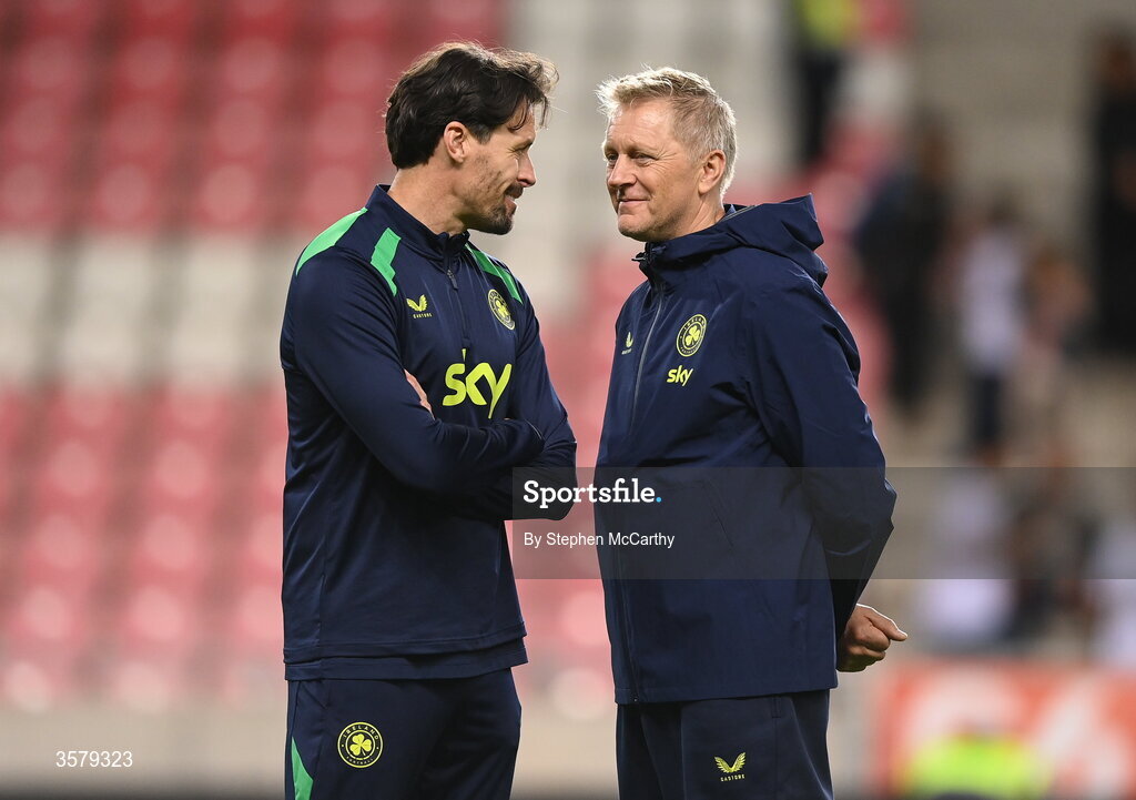 27 September 2026; Republic of Ireland head coach Heimir Hallgrimsson, right, and assistant coach Paddy McCarthy before the UEFA Nations League B match between Israel and the Republic of Ireland at Nagyerdei Stadion in Debrecen, Hungary. Photo by Stephen McCarthy/Sportsfile