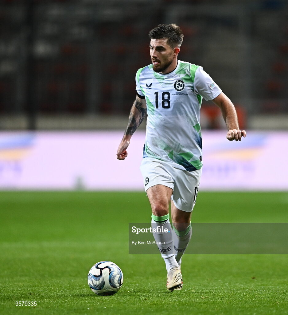 27 September 2026; Ryan Manning of Republic of Ireland during the UEFA Nations League B match between Israel and the Republic of Ireland at Nagyerdei Stadion in Debrecen, Hungary. Photo by Ben McShane/Sportsfile
