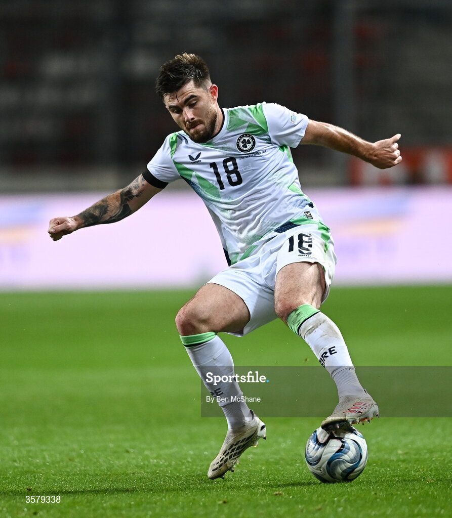 27 September 2026; Ryan Manning of Republic of Ireland during the UEFA Nations League B match between Israel and the Republic of Ireland at Nagyerdei Stadion in Debrecen, Hungary. Photo by Ben McShane/Sportsfile