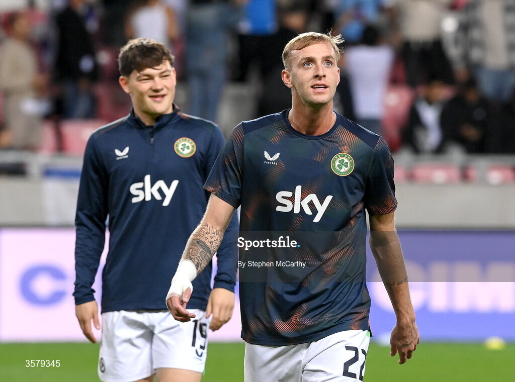 27 September 2026; Killian Phillips, right, and Owen Elding of Republic of Ireland before the UEFA Nations League B match between Israel and the Republic of Ireland at Nagyerdei Stadion in Debrecen, Hungary. Photo by Stephen McCarthy/Sportsfile
