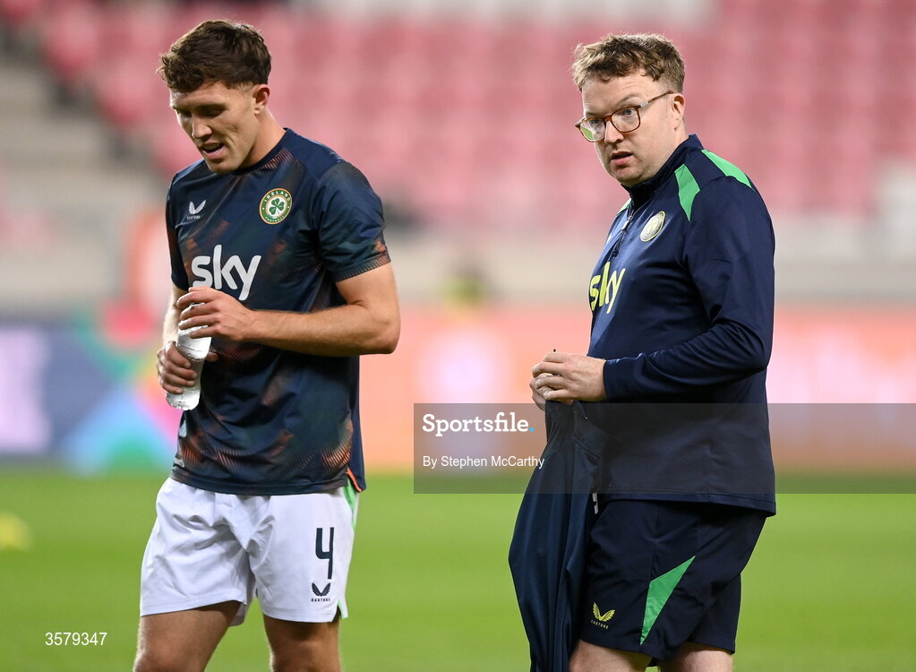 27 September 2026; Republic of Ireland sports scientist Andrew Morrissey and Dara O'Shea before the UEFA Nations League B match between Israel and the Republic of Ireland at Nagyerdei Stadion in Debrecen, Hungary. Photo by Stephen McCarthy/Sportsfile