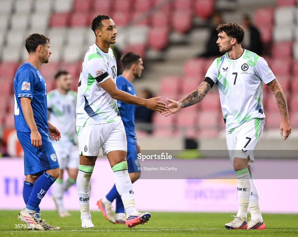27 September 2026; Adam Idah, left, and Troy Parrott of Republic of Ireland during the UEFA Nations League B match between Israel and the Republic of Ireland at Nagyerdei Stadion in Debrecen, Hungary. Photo by Stephen McCarthy/Sportsfile
