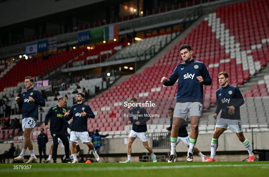 27 September 2026; John Egan of Republic of Ireland warms up before the UEFA Nations League B match between Israel and the Republic of Ireland at Nagyerdei Stadion in Debrecen, Hungary. Photo by Stephen McCarthy/Sportsfile