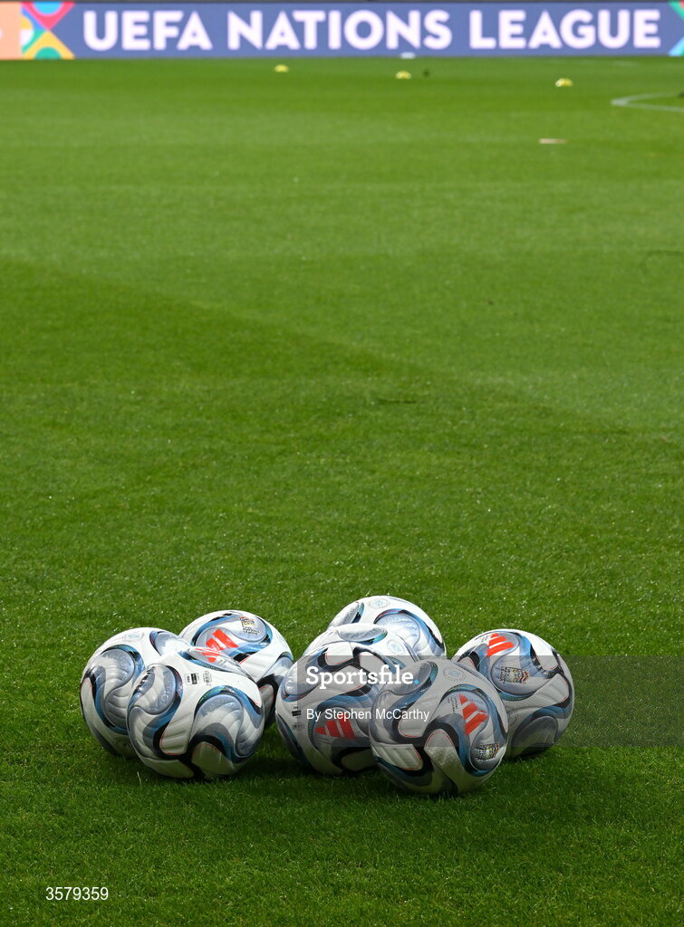 27 September 2026; A general view of matchballs on the pitch before the UEFA Nations League B match between Israel and the Republic of Ireland at Nagyerdei Stadion in Debrecen, Hungary. Photo by Stephen McCarthy/Sportsfile
