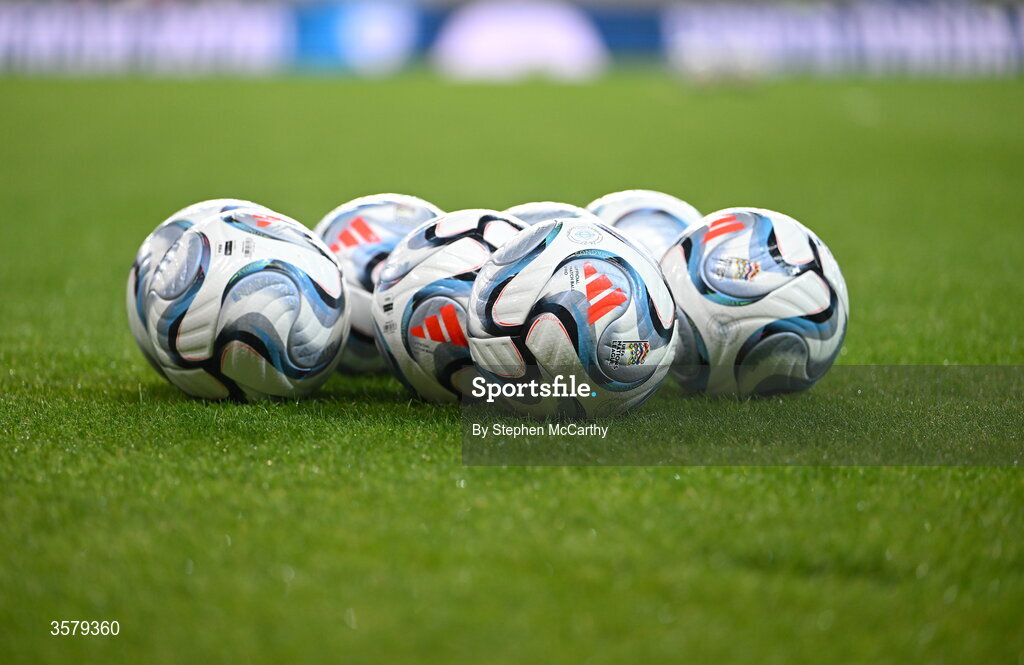 27 September 2026; A general view of matchballs on the pitch before the UEFA Nations League B match between Israel and the Republic of Ireland at Nagyerdei Stadion in Debrecen, Hungary. Photo by Stephen McCarthy/Sportsfile