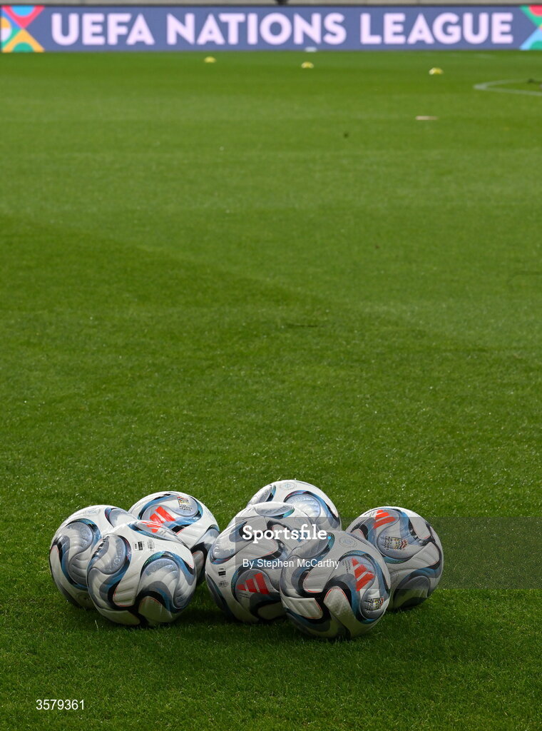27 September 2026; A general view of matchballs on the pitch before the UEFA Nations League B match between Israel and the Republic of Ireland at Nagyerdei Stadion in Debrecen, Hungary. Photo by Stephen McCarthy/Sportsfile