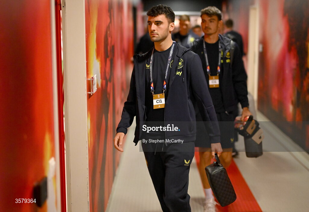 27 September 2026; Tom Cannon of Republic of Ireland arrives for the UEFA Nations League B match between Israel and the Republic of Ireland at Nagyerdei Stadion in Debrecen, Hungary. Photo by Stephen McCarthy/Sportsfile
