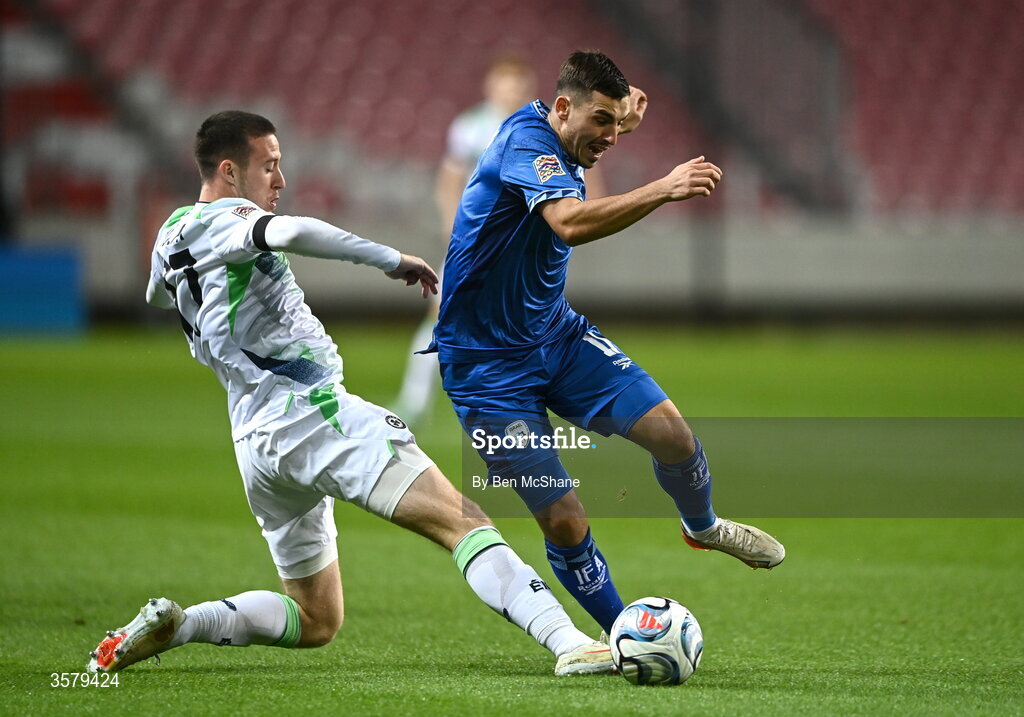 27 September 2026; Oscar Gloukh of Israel and Jack Moylan of Republic of Ireland during the UEFA Nations League B match between Israel and the Republic of Ireland at Nagyerdei Stadion in Debrecen, Hungary. Photo by Ben McShane/Sportsfile