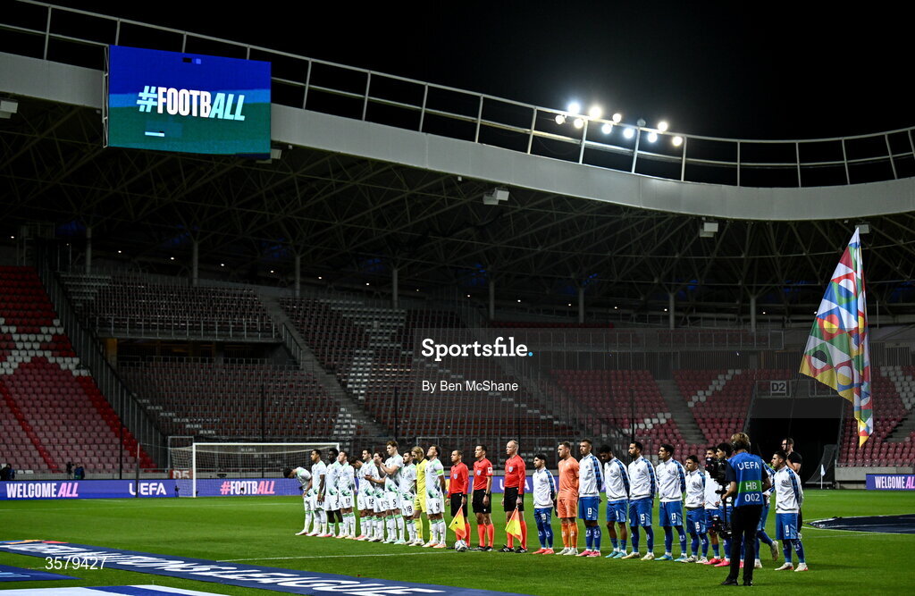 27 September 2026; Officials and players of both side's line up before the UEFA Nations League B match between Israel and the Republic of Ireland at Nagyerdei Stadion in Debrecen, Hungary. Photo by Ben McShane/Sportsfile