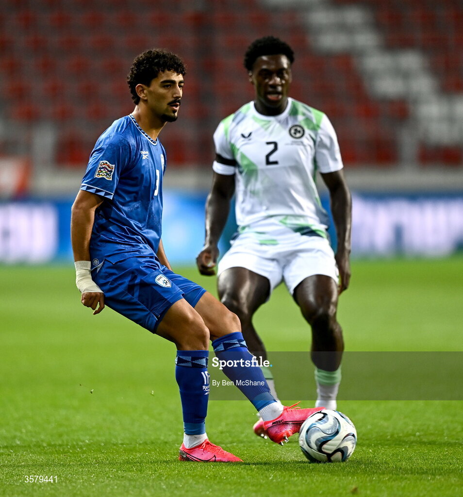27 September 2026; Roy Revivo of Israel and James Abankwah of Republic of Ireland during the UEFA Nations League B match between Israel and the Republic of Ireland at Nagyerdei Stadion in Debrecen, Hungary. Photo by Ben McShane/Sportsfile
