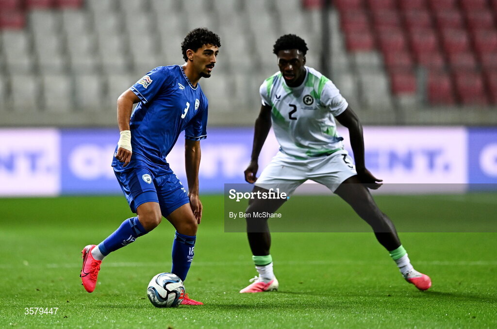27 September 2026; Roy Revivo of Israel and James Abankwah of Republic of Ireland during the UEFA Nations League B match between Israel and the Republic of Ireland at Nagyerdei Stadion in Debrecen, Hungary. Photo by Ben McShane/Sportsfile